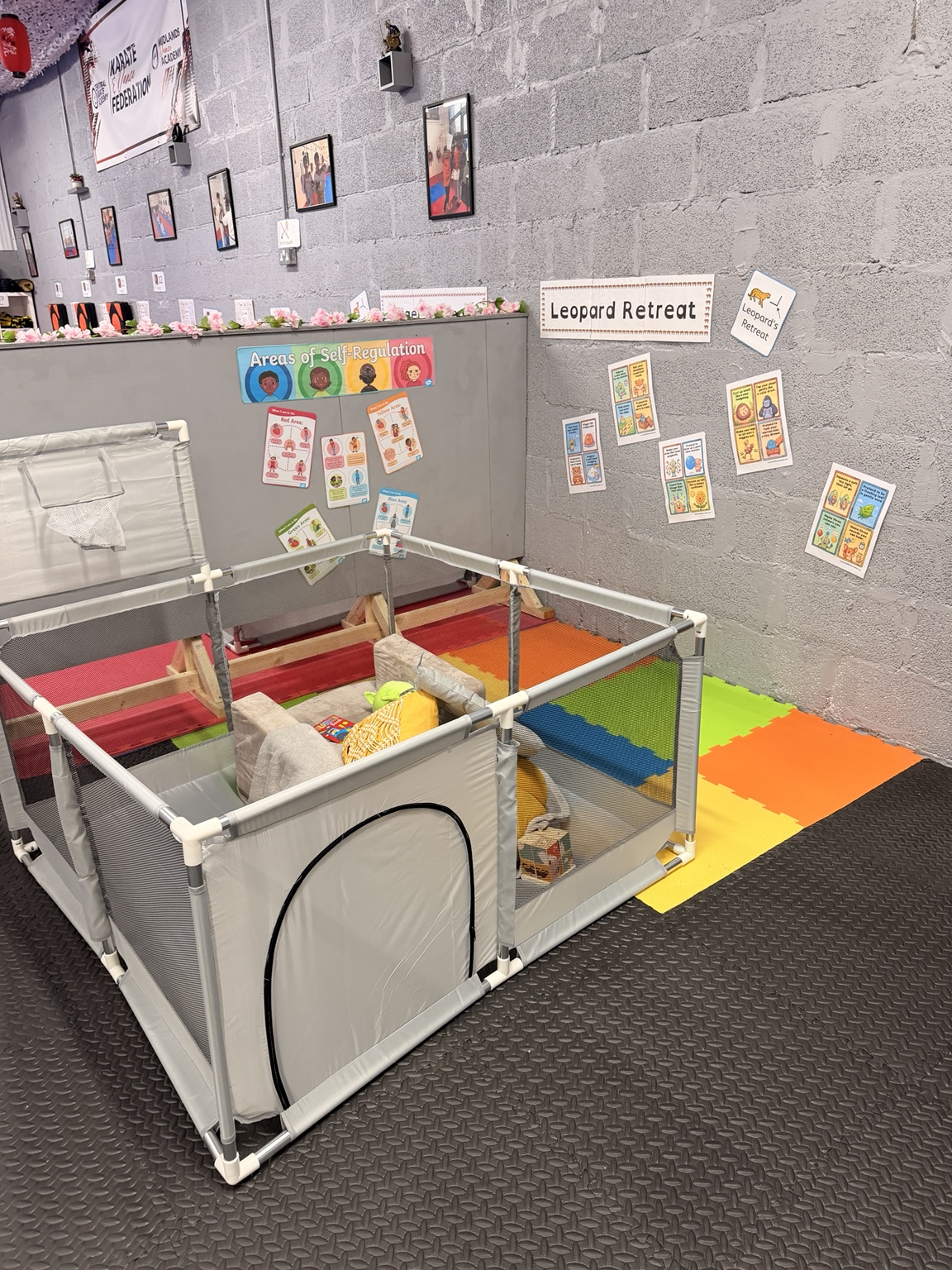 The completed KDF Leopard Retreat with calm seating, sensory resources and self-regulation prompts
